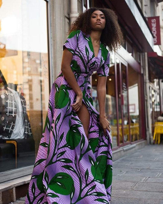 PURPLE GREEN PLUS SIZE AFRICAN ANKARA PRINT LONG WRAP SHIRT DRESS