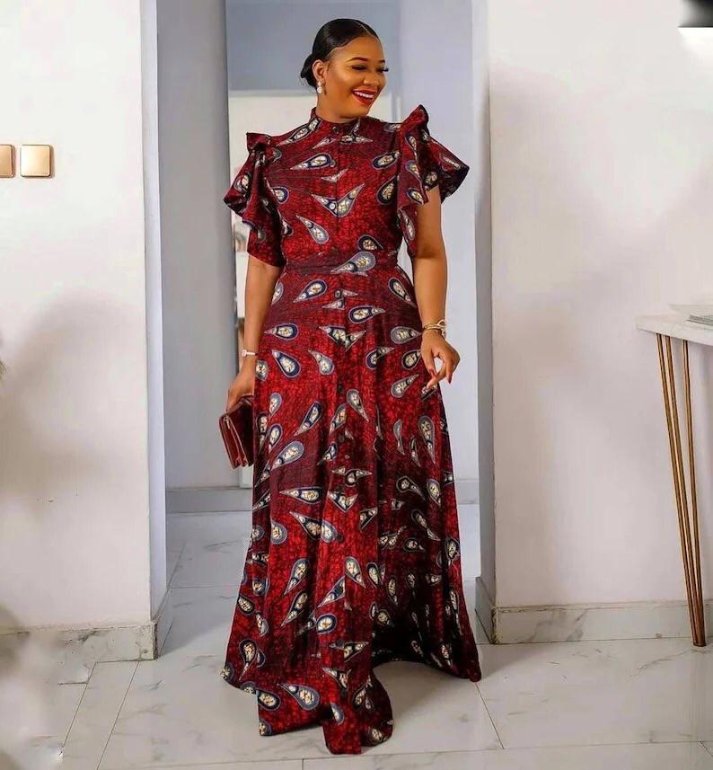 RED MULTI AFRICAN ANKARA PRINT PLUS SIZE PARTY CLOTHING LONG DRESS