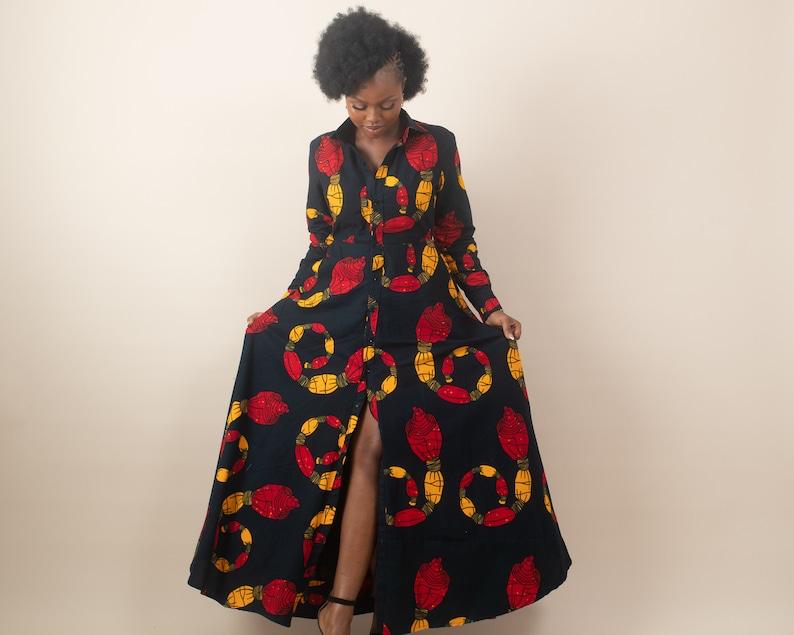 BLACK RED PLUS SIZE AFRICAN ANKARA PRINT LONG SHIRT DRESS