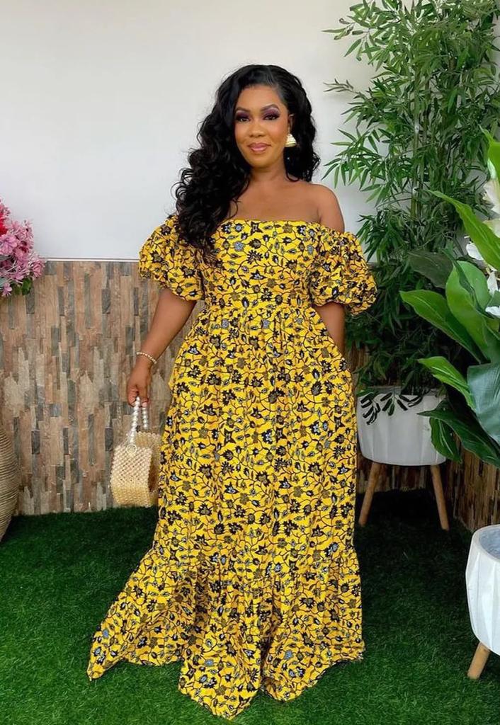 YELLOW AFRICAN ANKARA PLUS SIZE FITTED FORMAL LONG PARTY DRESS