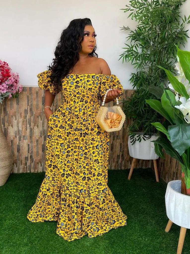 YELLOW AFRICAN ANKARA PLUS SIZE FITTED FORMAL LONG PARTY DRESS
