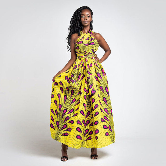 YELLOW PURPLE PLUS SIZE AFRICAN ANKARA PRINT LONG MAXI PARTY DRESS
