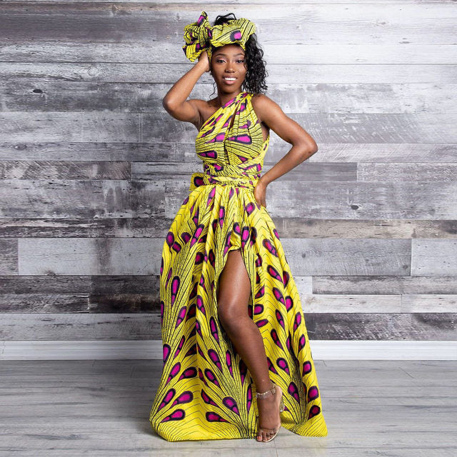 YELLOW PURPLE PLUS SIZE AFRICAN ANKARA PRINT LONG MAXI PARTY DRESS
