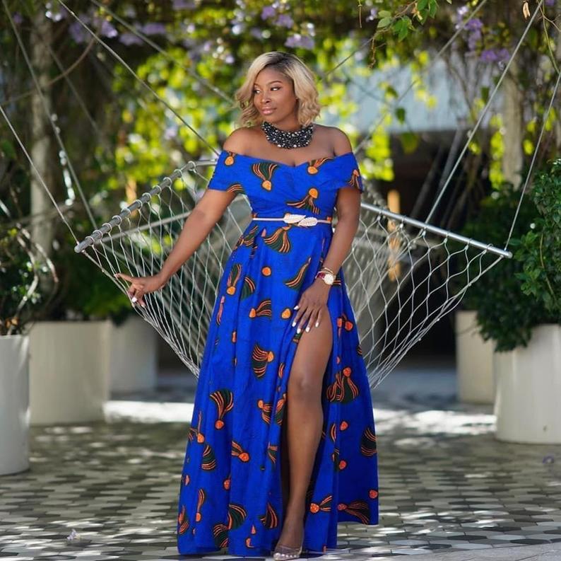 Blue African Ankara Print Off Shoulder Long Maxi Dress