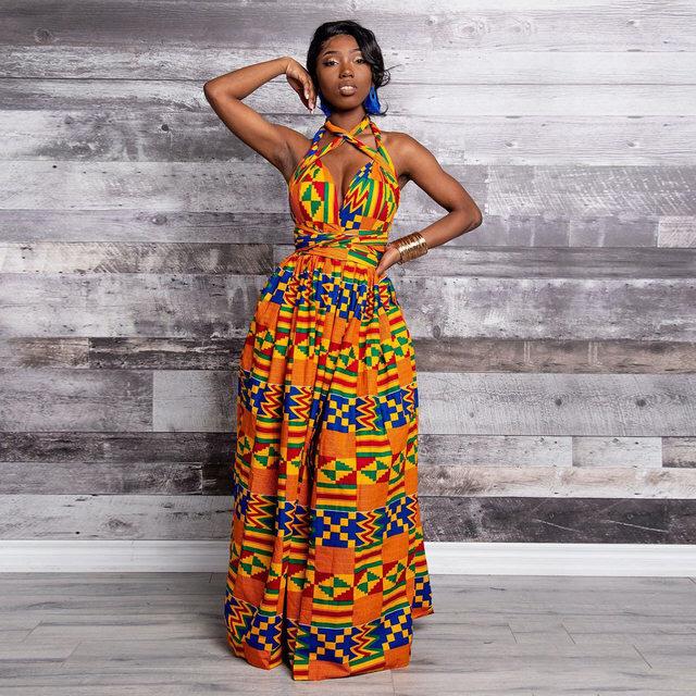 ORANGE AFRICAN KENTE PRINT PLUS SIZE CLOTHING PARTY DRESS