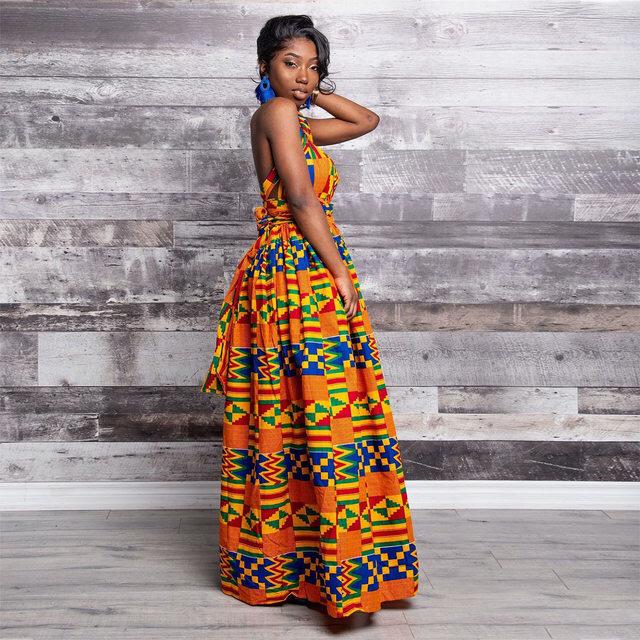 ORANGE AFRICAN KENTE PRINT PLUS SIZE CLOTHING PARTY DRESS