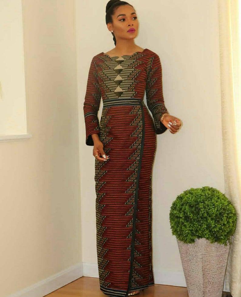 GREY BROWN AFRICAN ANKARA PRINT PLUS SIZE CLOTHING PARTY DRESS