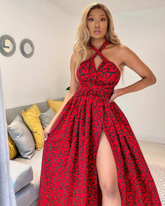 RED AFRICAN ANKARA PRINT PLUS SIZE CLOTHING PARTY DRESS