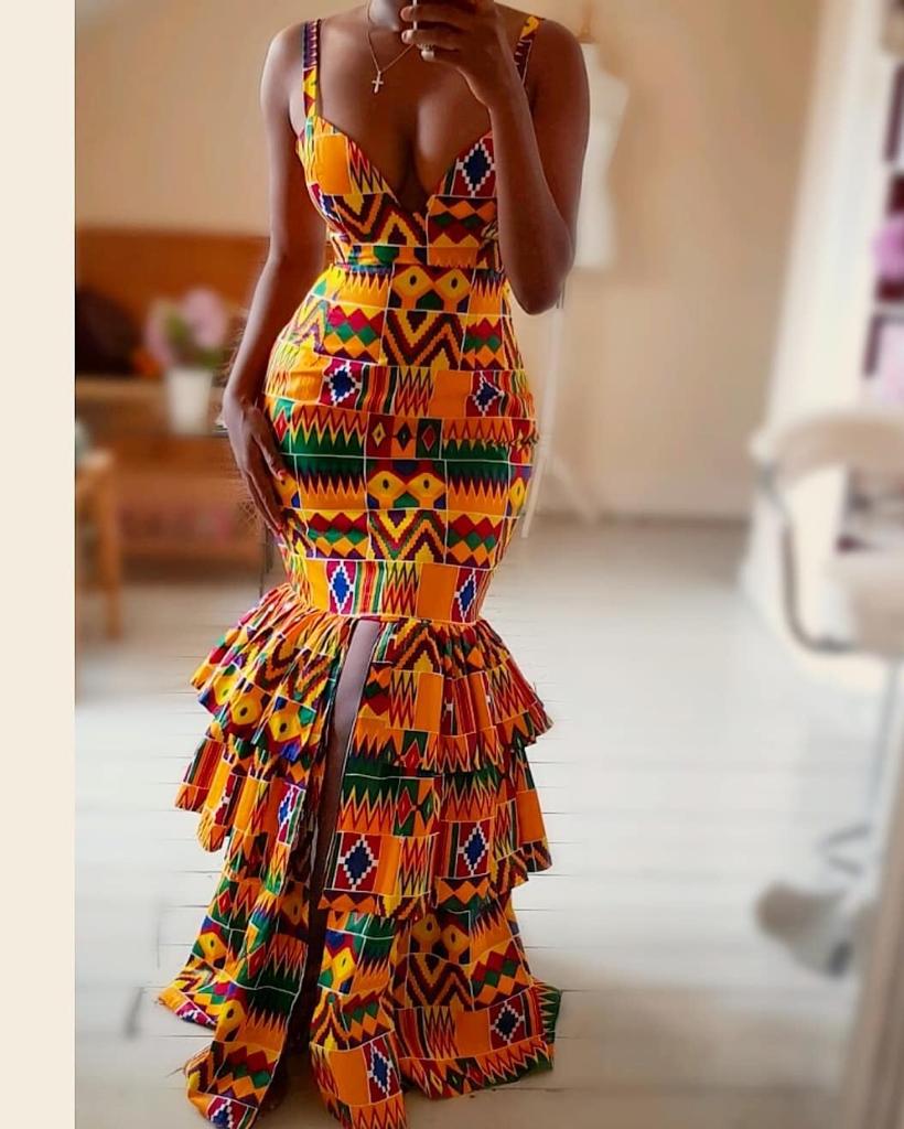MUSTARD YELLOW PLUS SIZE AFRICAN KENTE PRINT WRAP PARTY DRESS