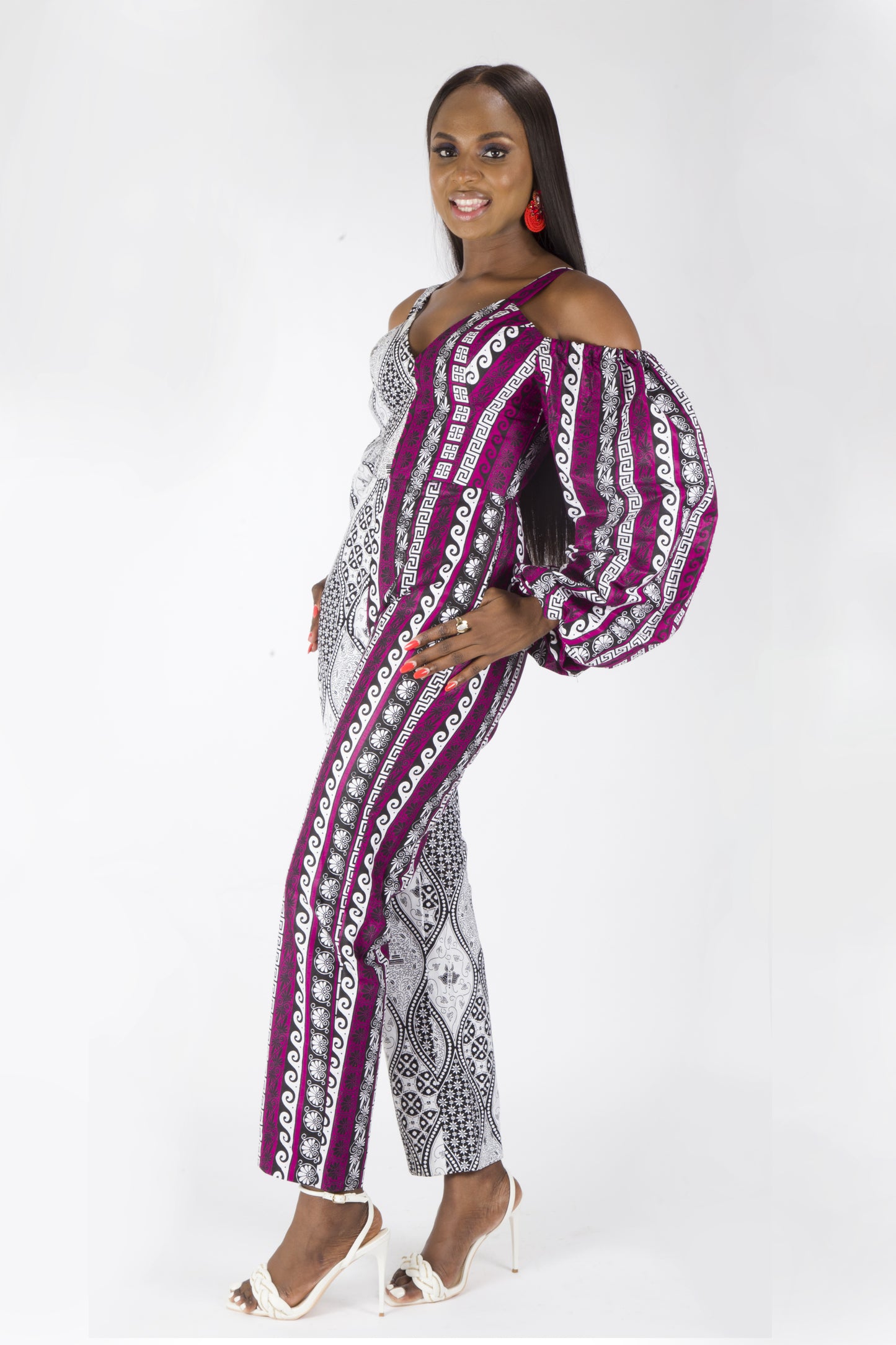 WHITE PURPLE AFRICAN ANKARA PRINT PLUS SIZE CLOTHING PARTY JUMPSUIT