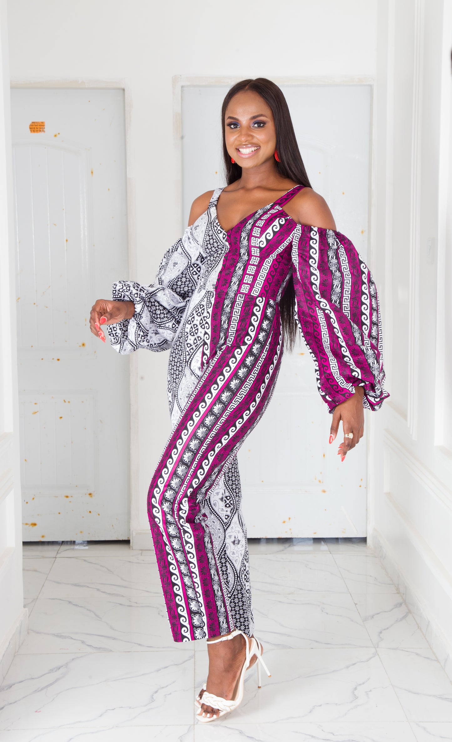 WHITE PURPLE AFRICAN ANKARA PRINT PLUS SIZE CLOTHING PARTY JUMPSUIT