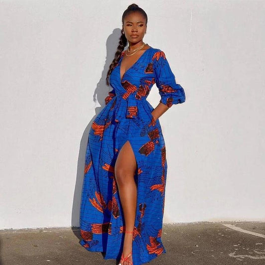 Blue African Ankara Print High Slit Maxi Dress With Wrap Top