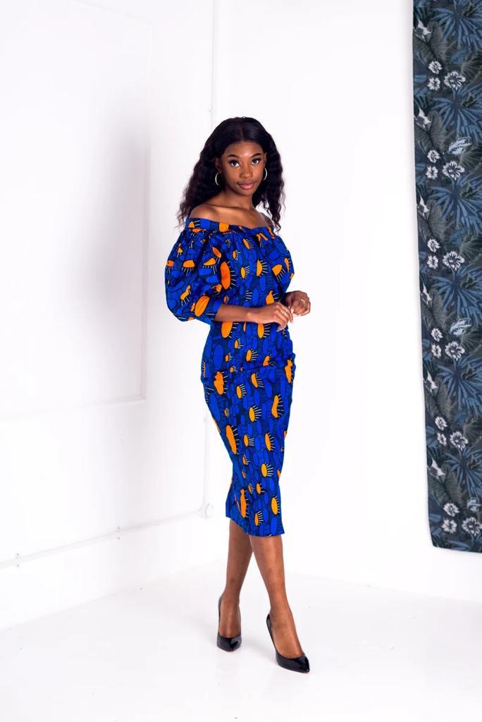 Blue African Ankara Print Plus Size Clothing Midi  Party Dress