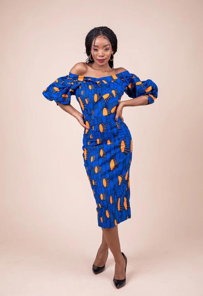 Blue African Ankara Print Plus Size Clothing Midi  Party Dress