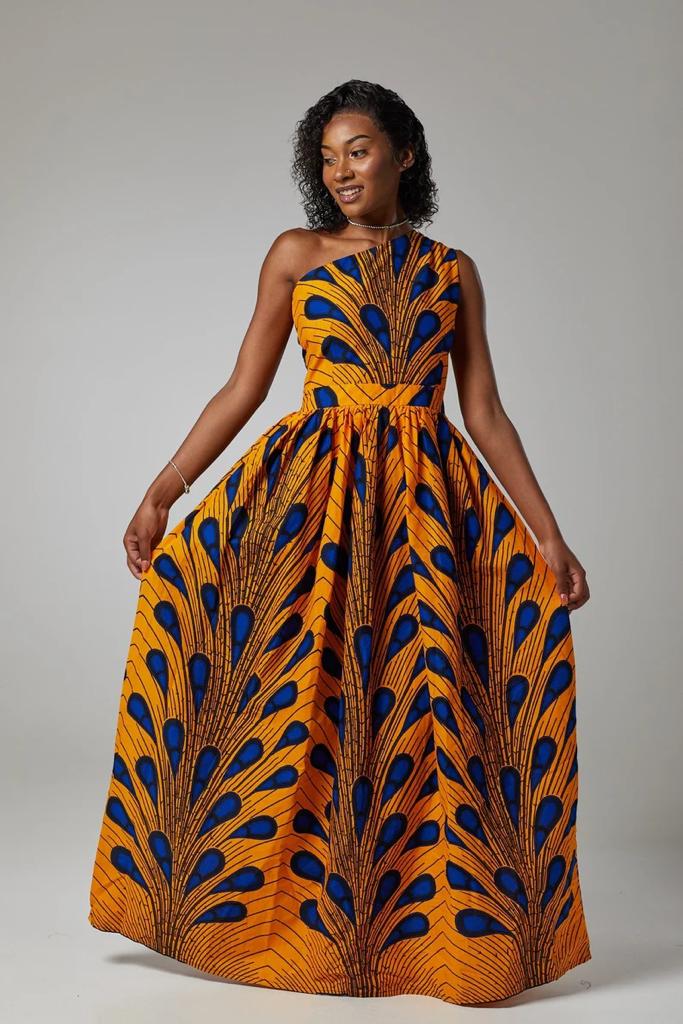 YELLOW BLUE PLUS SIZE AFRICAN ANKARA PRINT LONG MAXI PARTY DRESS