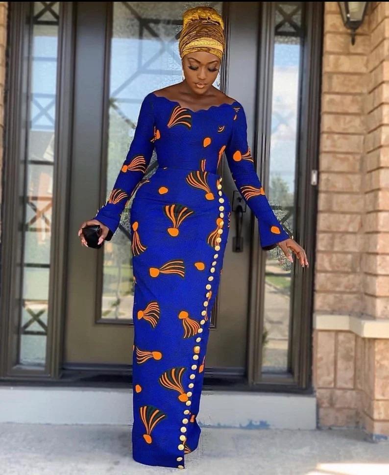 Blue African Ankara Print Long Sleeve Fitted Party Dress