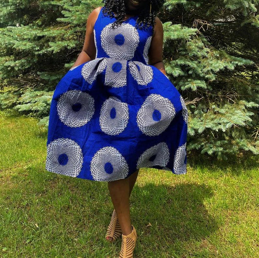 BLUE WHITE AFRICAN ANKARA PRINT PLUS SIZE CLOTHING PARTY DRESS