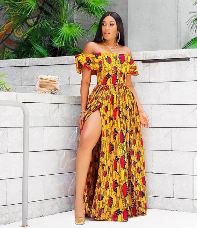 Yellow Red Off Shoulder African Ankara Party Dress