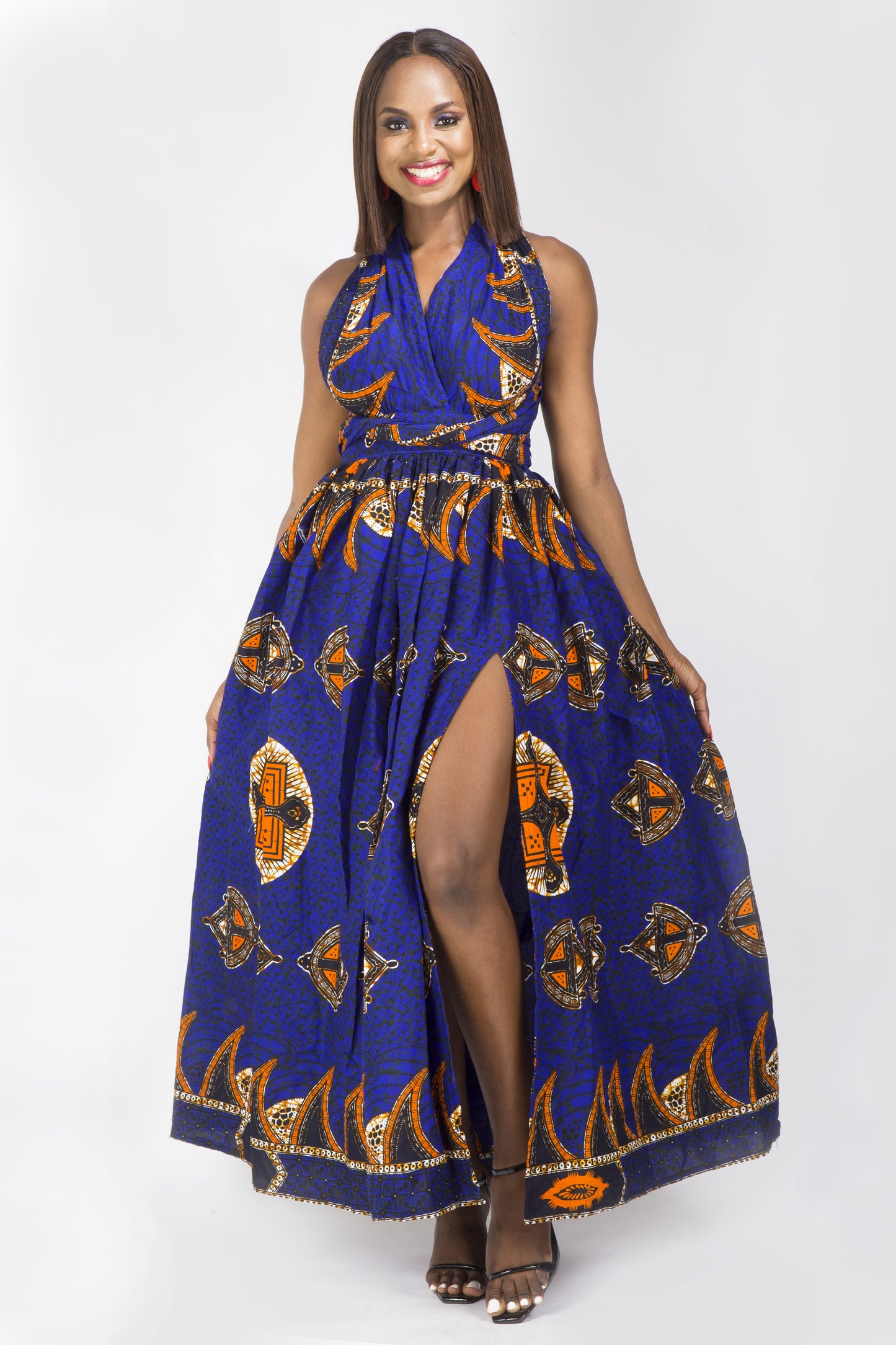 BLUE ORANGE AFRICAN ANKARA PRINT PLUS SIZE CLOTHING PARTY DRESS