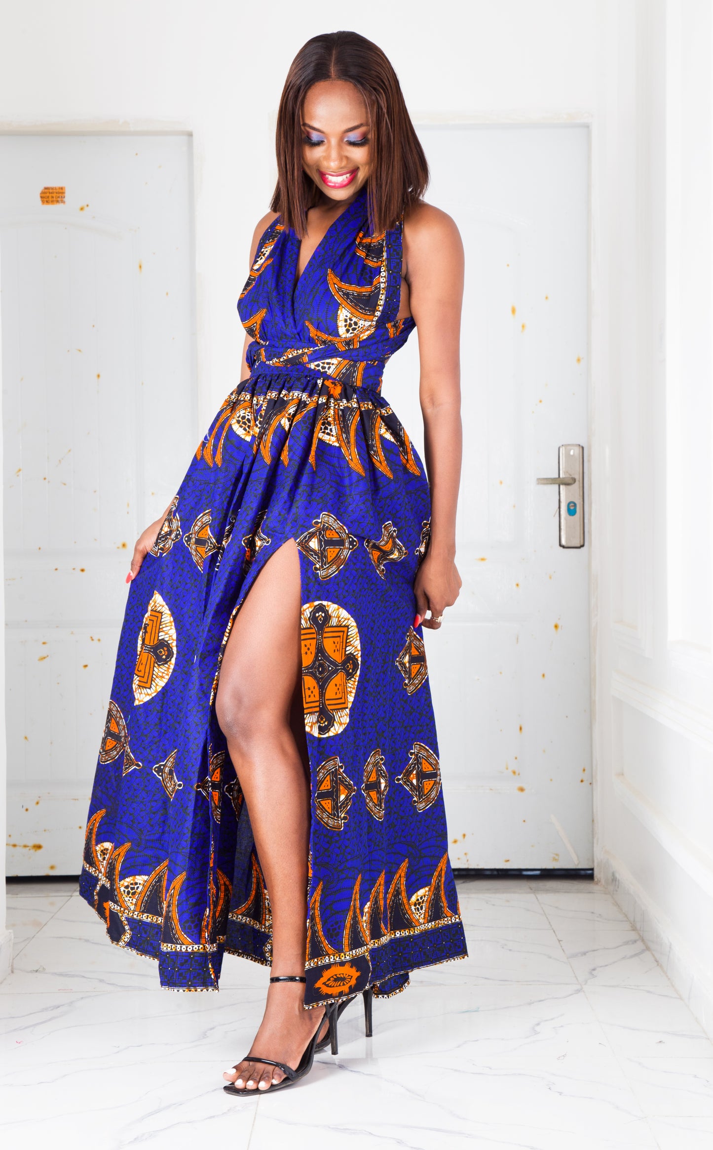 BLUE ORANGE AFRICAN ANKARA PRINT PLUS SIZE CLOTHING PARTY DRESS