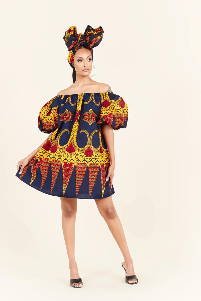 BLUE YELLOW PLUS SIZE AFRICAN ANKARA PRINT LONG SHIRT DRESS
