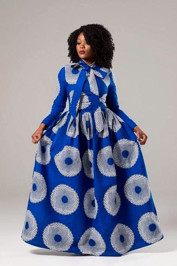 BLUE AFRICAN ANKARA PRINT PLUS SIZE CLOTHING PARTY DRESS