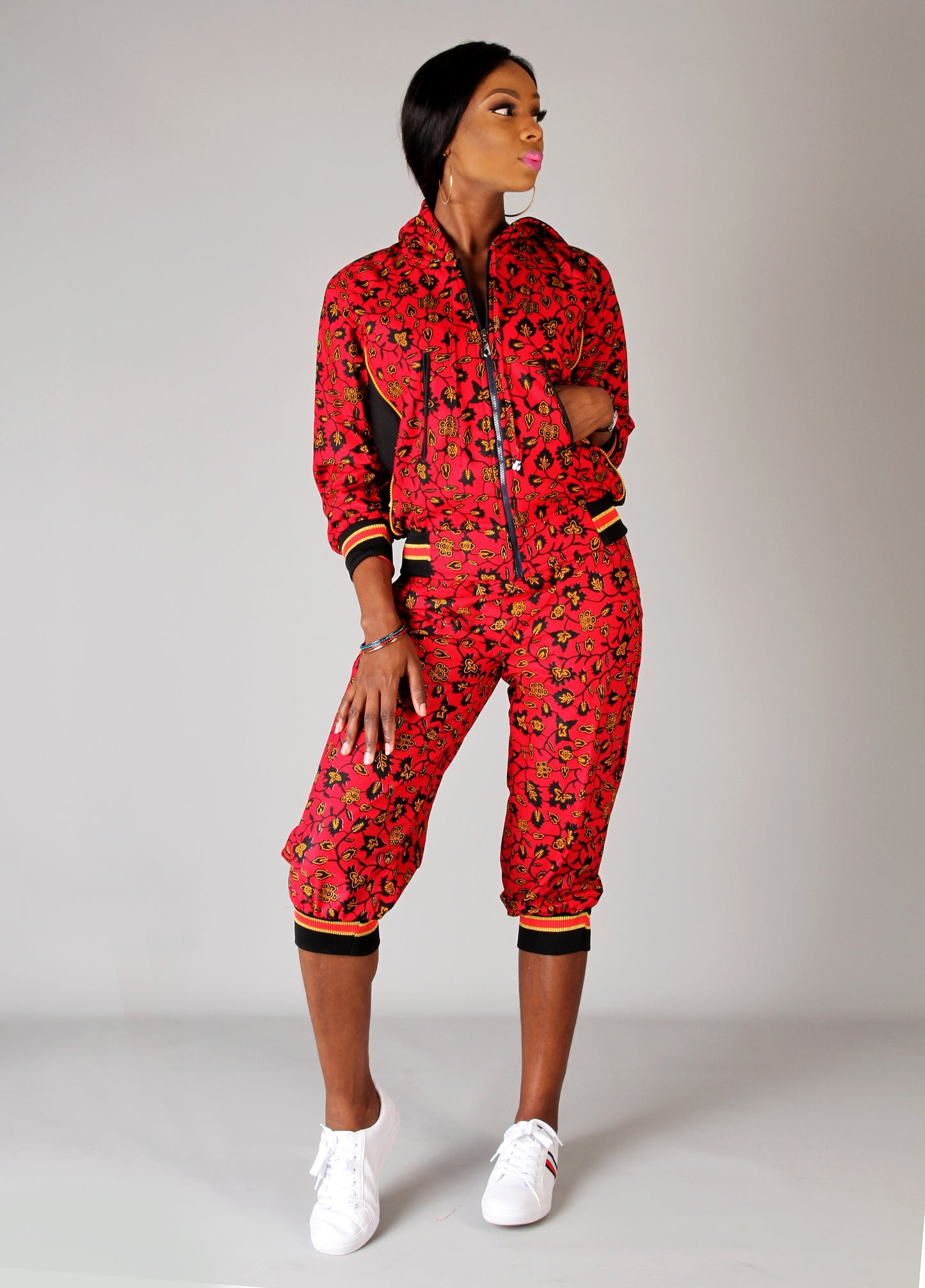 Red Black Multi African Ankara Print Plus Size Bomber hoodie Set With Joggers