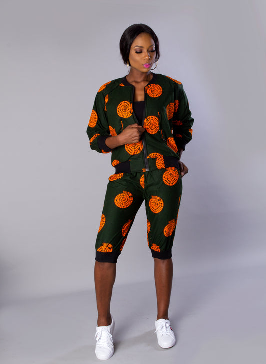 Green Orange African Ankara Print Plus Size Bomber Jacket Set/African Print jogger set/Ankara Print Two-Print clothing