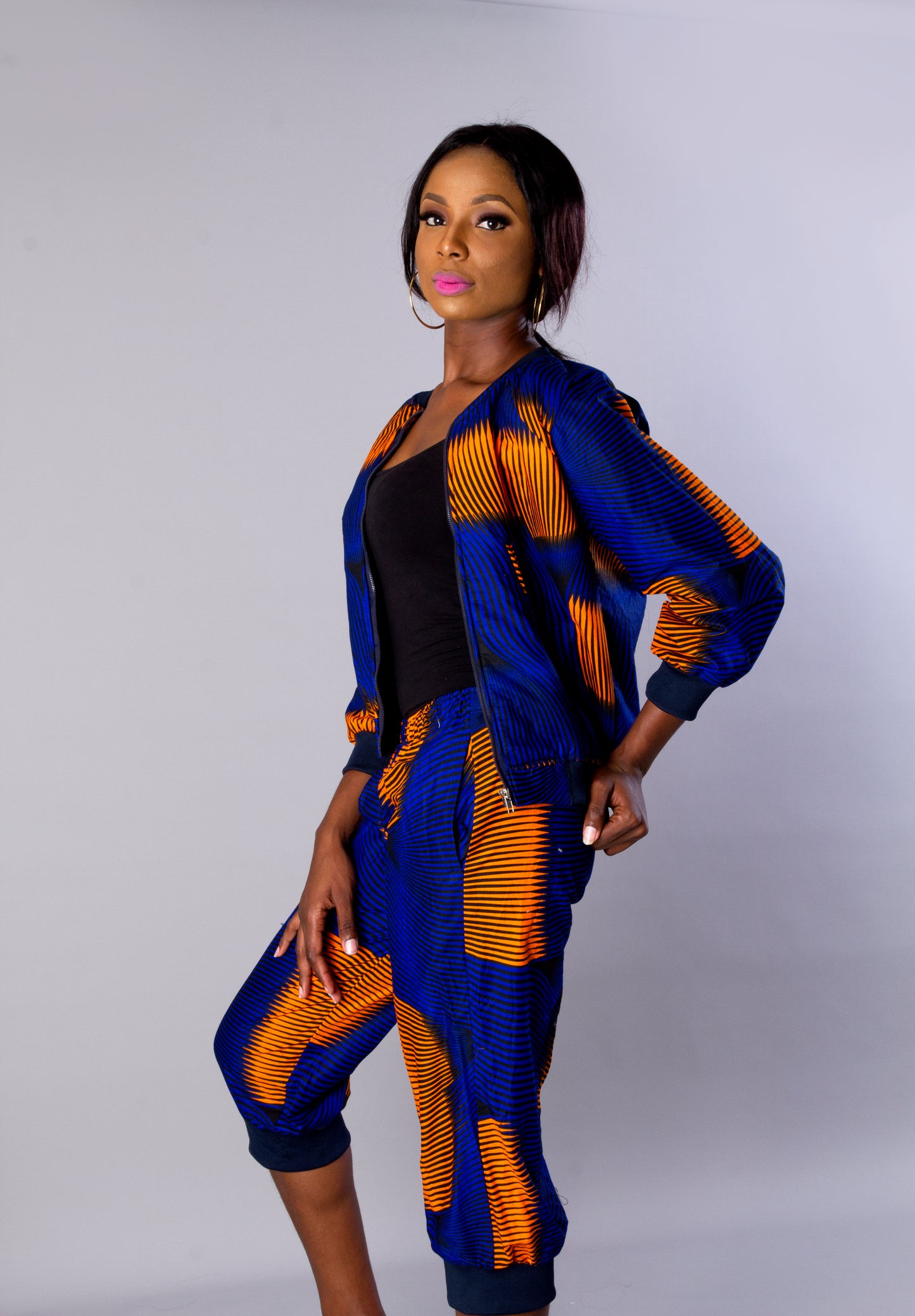 Blue Orange African Ankara Print Plus Size Bomber Jacket Set/African Print jogger set/Ankara Print Two-Print clothing