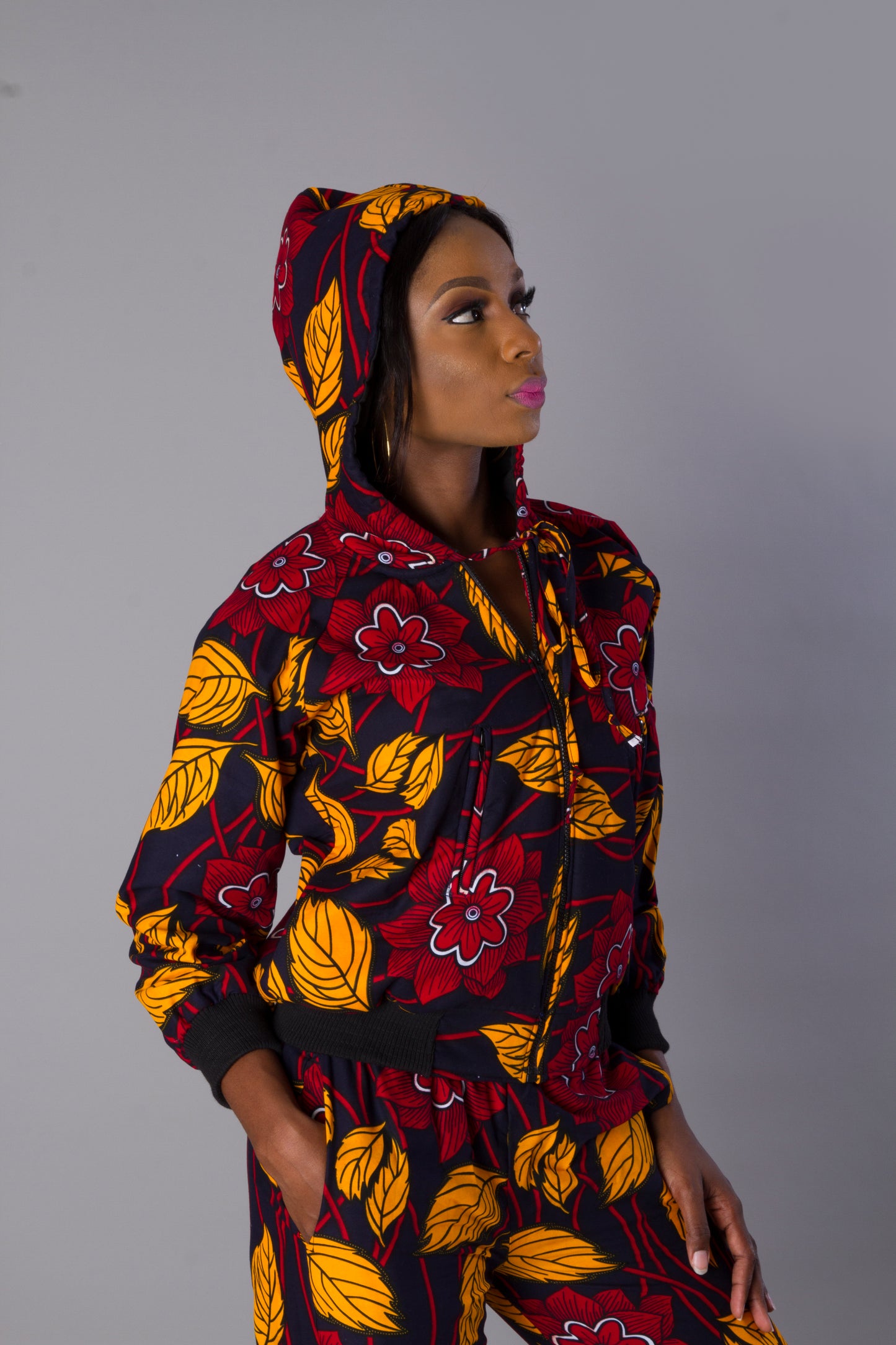 Red Yellow African Ankara Print Plus Size Bomber Jacket Joggers Set With Hoodie