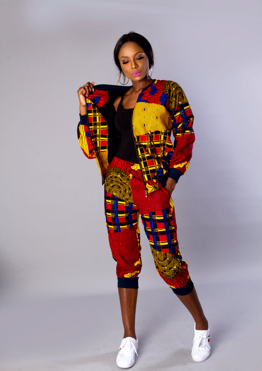 Red Yellow Multi African Ankara Print Plus Size Bomber Jacket And Jogger Set