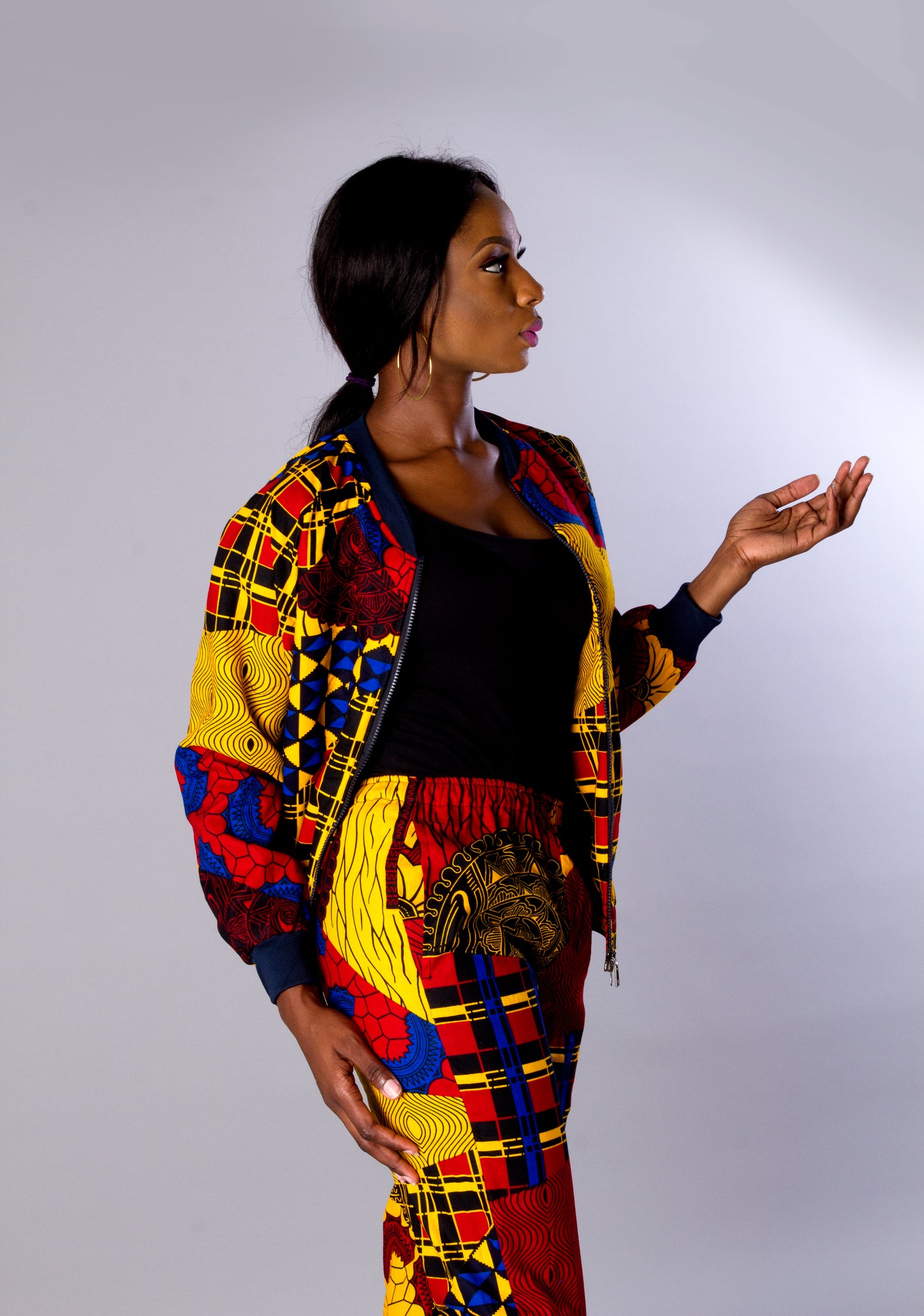 Red Yellow Multi African Ankara Print Plus Size Bomber Jacket And Jogger Set