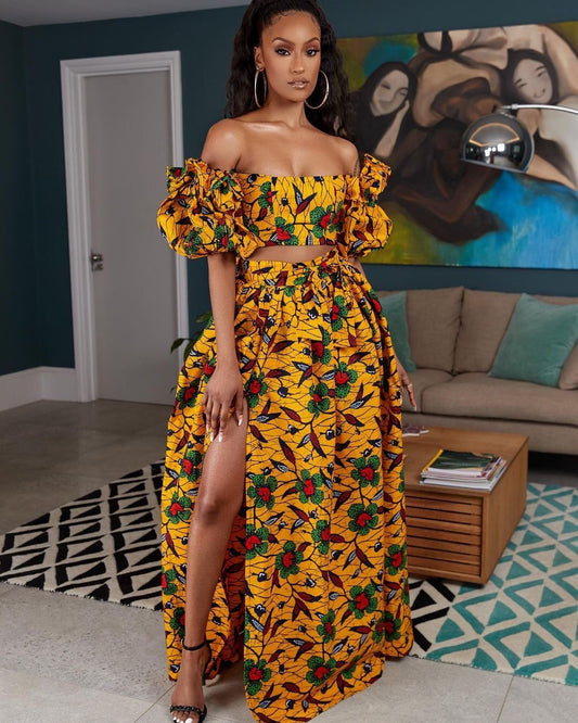 YELLOW FLOWERY TWO PIECE TOP AND SKIRT AFRICAN ANKARA PARTY OUTFIT