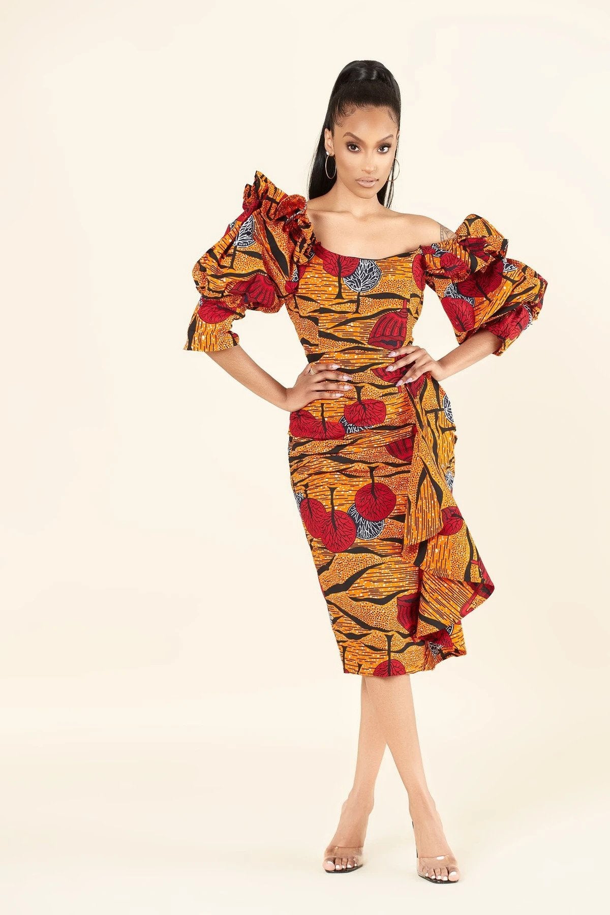 ORANGE RED PUFF SLEEVES AFRICAN ANKARA PRINT PLUS SIZE FITTED PARTY DRESS WITH SIDE FRILLS