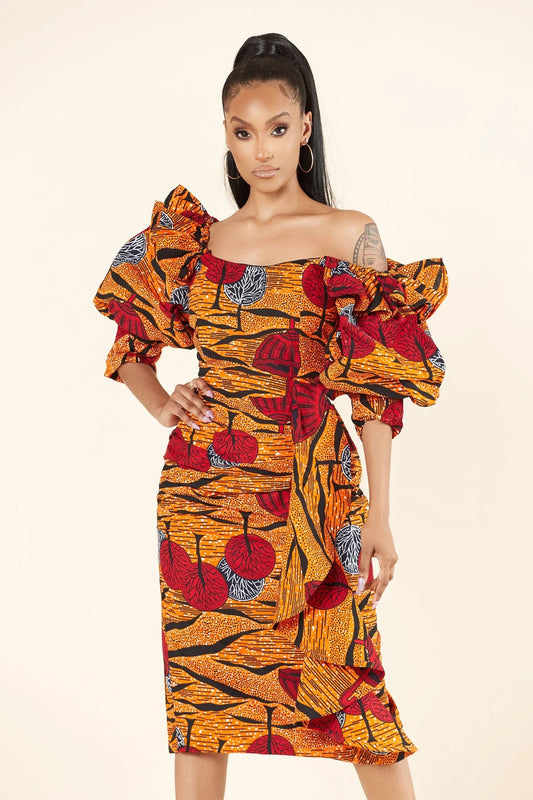 ORANGE RED PUFF SLEEVES AFRICAN ANKARA PRINT PLUS SIZE FITTED PARTY DRESS WITH SIDE FRILLS