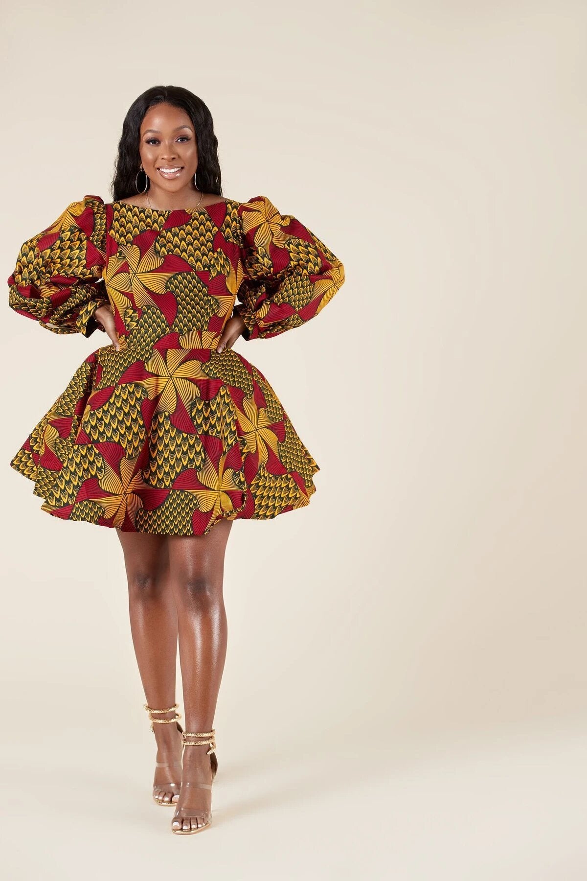 RED YELLOW BLACK MULTI AFRICAN ANKARA PRINT PLUS SIZE SHORT PARTY DRESS