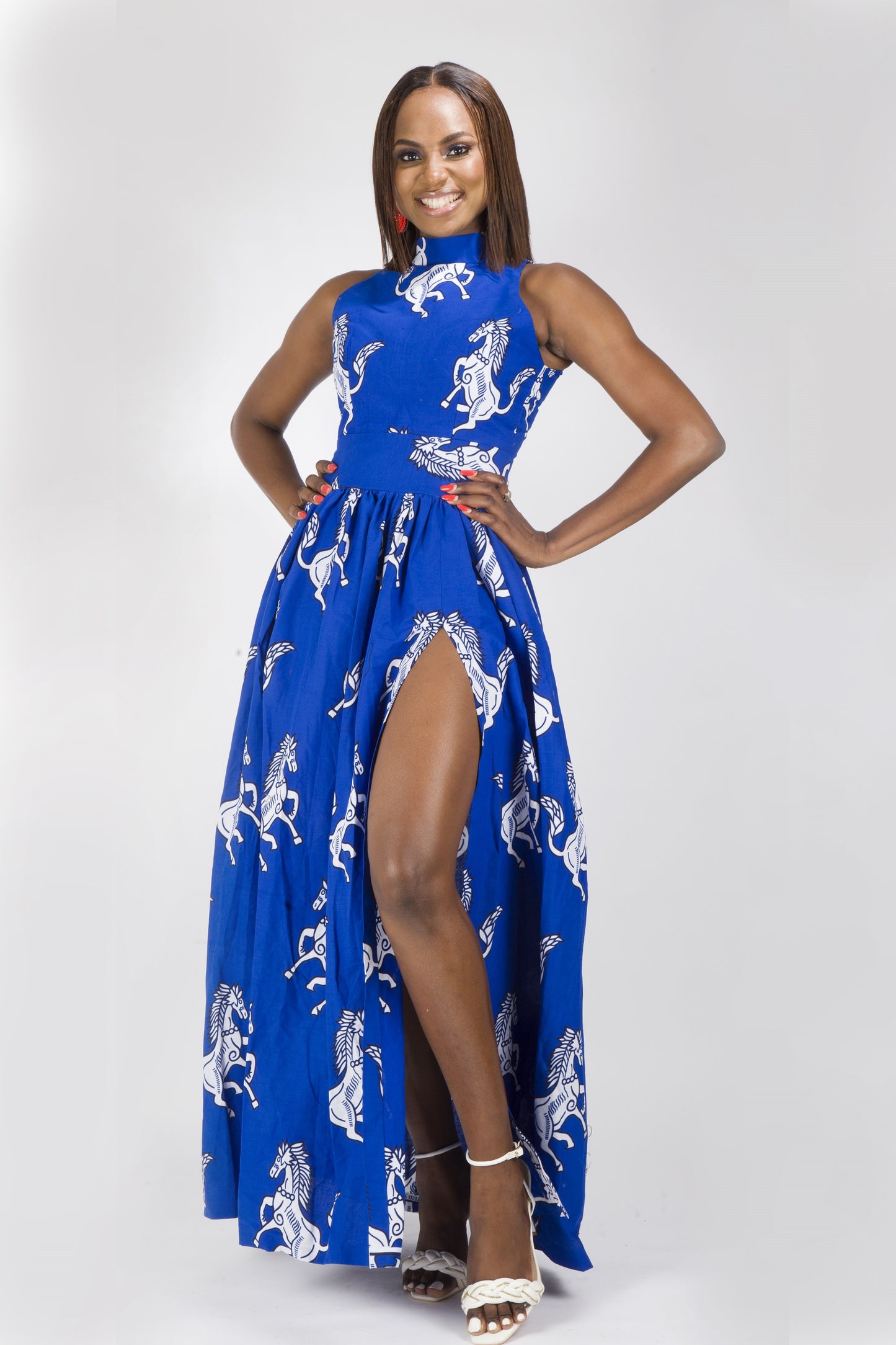 BLUE WHITE AFRICAN ANKARA PRINT PLUS SIZE CLOTHING PARTY MAXI DRESS