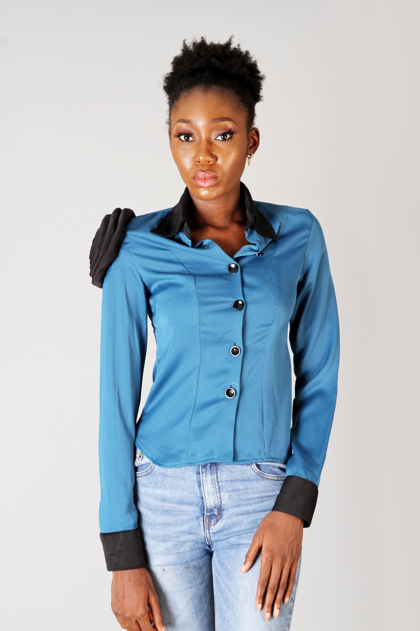 Blue Black Rose Long Sleeve Fitted Statement Shirt Top