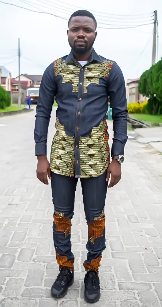 Blue Brown African Ankara Print Men Denim Jacket Set