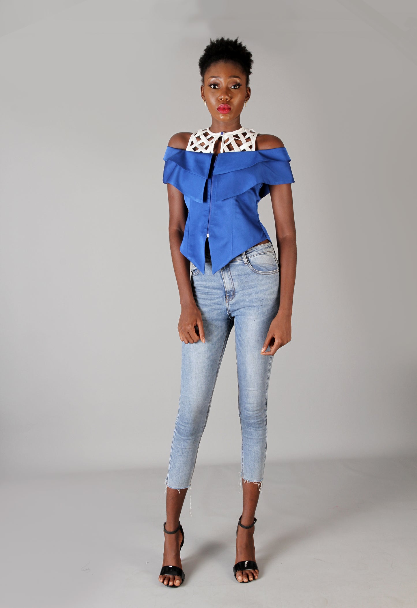 Blue White Asymmetric Fitted Statement Party Top
