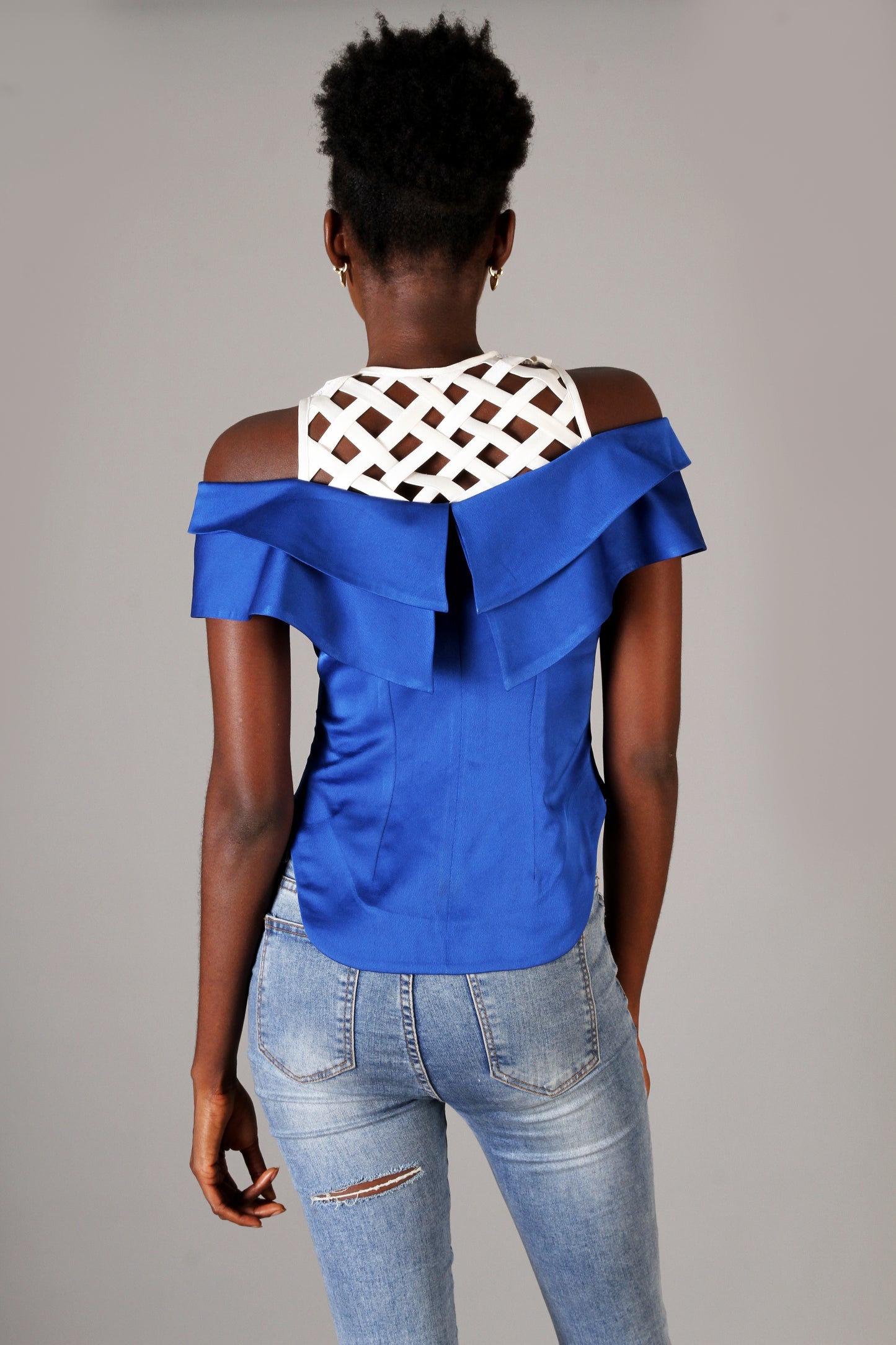 Blue White Asymmetric Fitted Statement Party Top