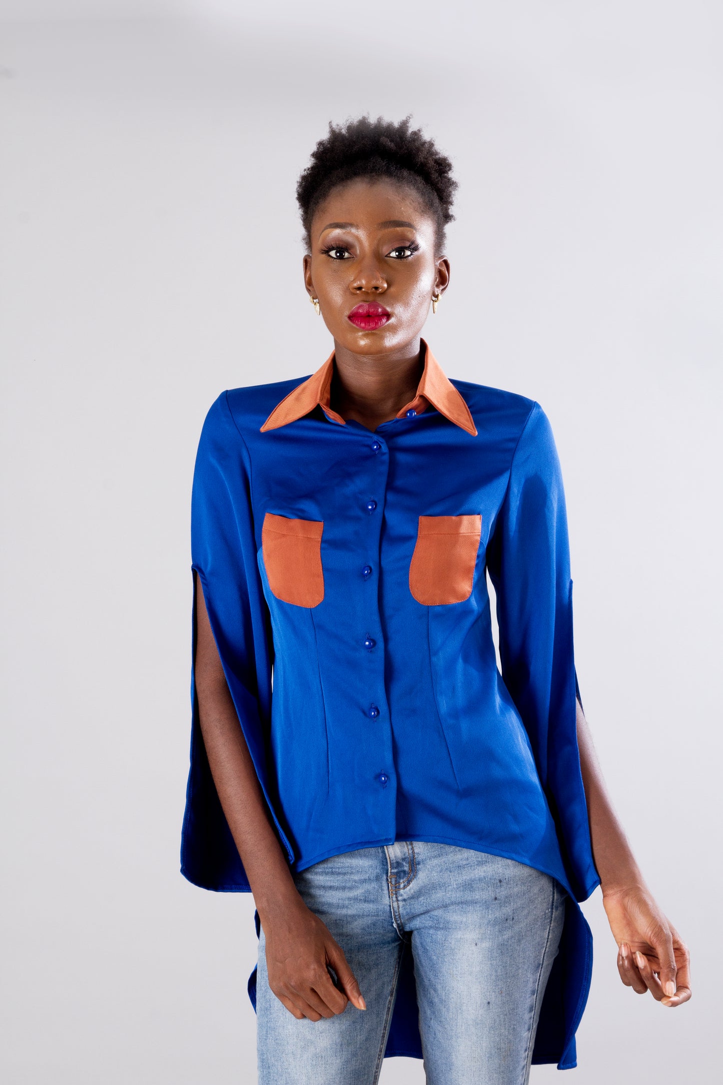 Blue Tan High Low Fitted Statement Party Shirt Top