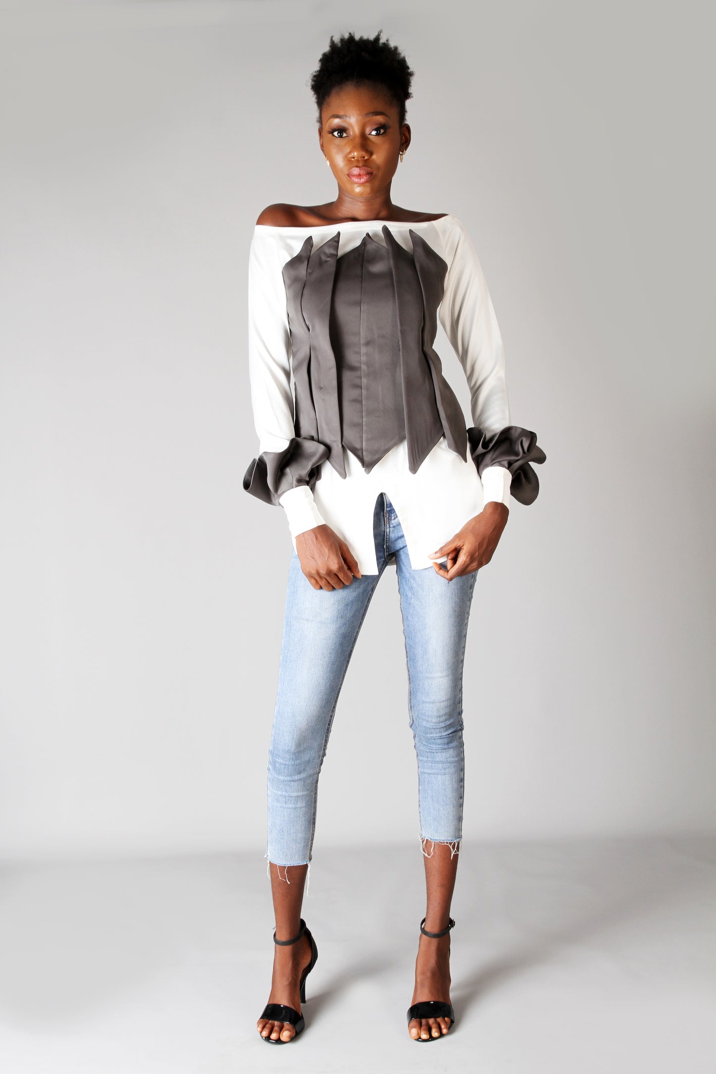 Grey Long Sleeve Fitted Statement Party Top