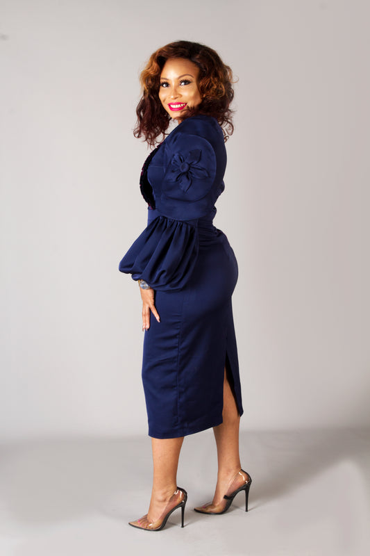 Blue Fitted Deconstruct Formal Midi Party Dress