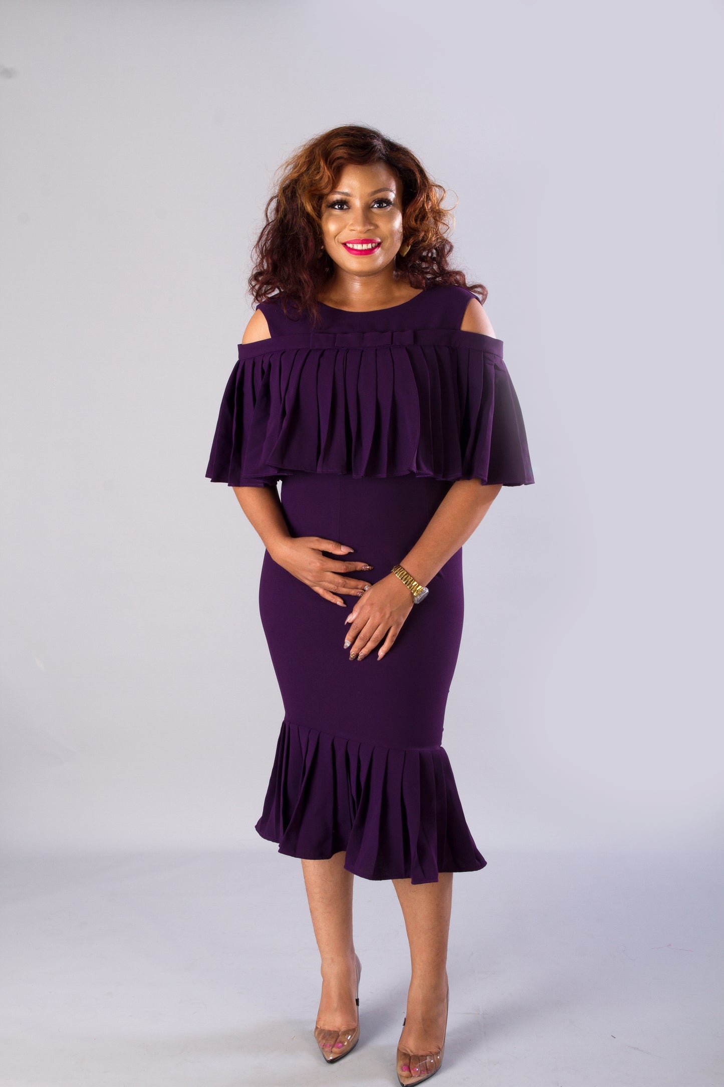Purple Pleated Fitted Formal Midi Party Dress