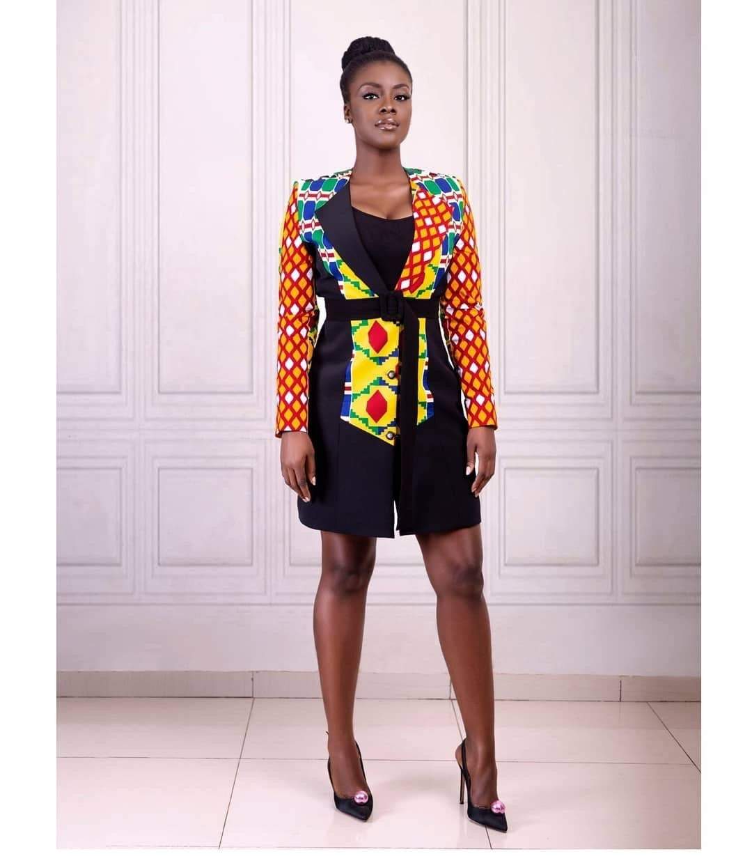 Black Yellow Plus Size African Kente Print Fitted Party Jacket Dress