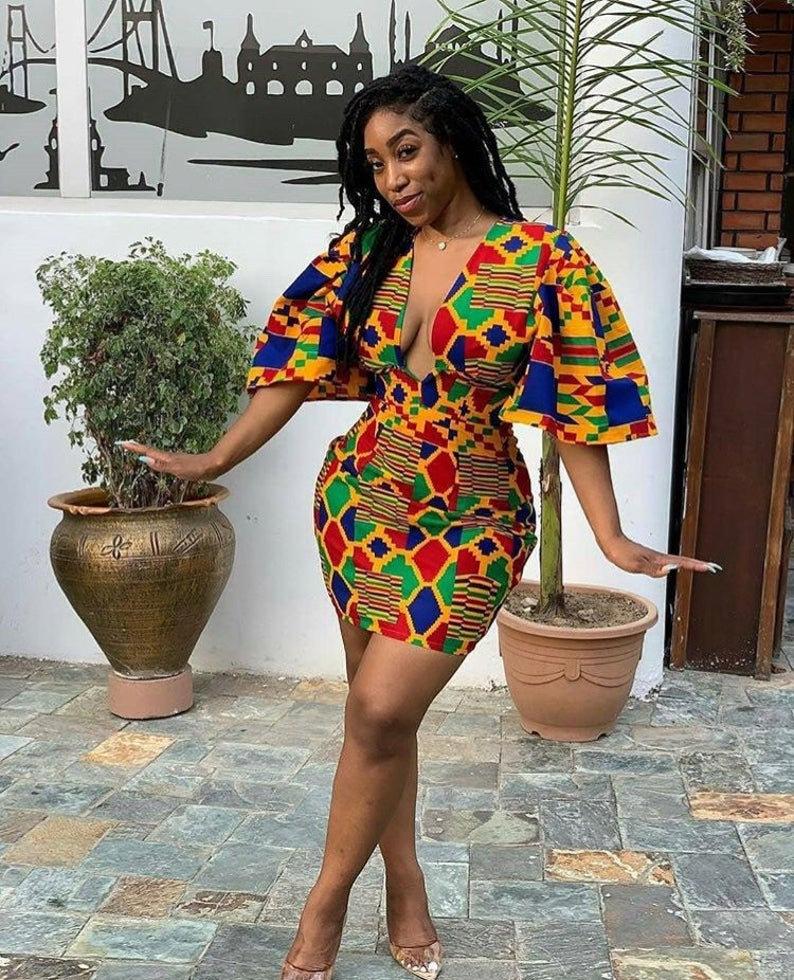 YELLOW MULTI PLUS SIZE AFRICAN KENTE PRINT FITTED PARTY SHORT DRESS