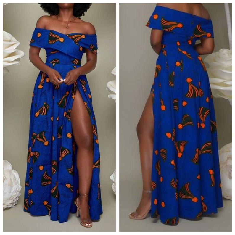 ROYAL BLUE ORANGE OFF SHOULDER AFRICAN ANKARA PRINT PLUS SIZE CLOTHING PARTY MAXI DRESS