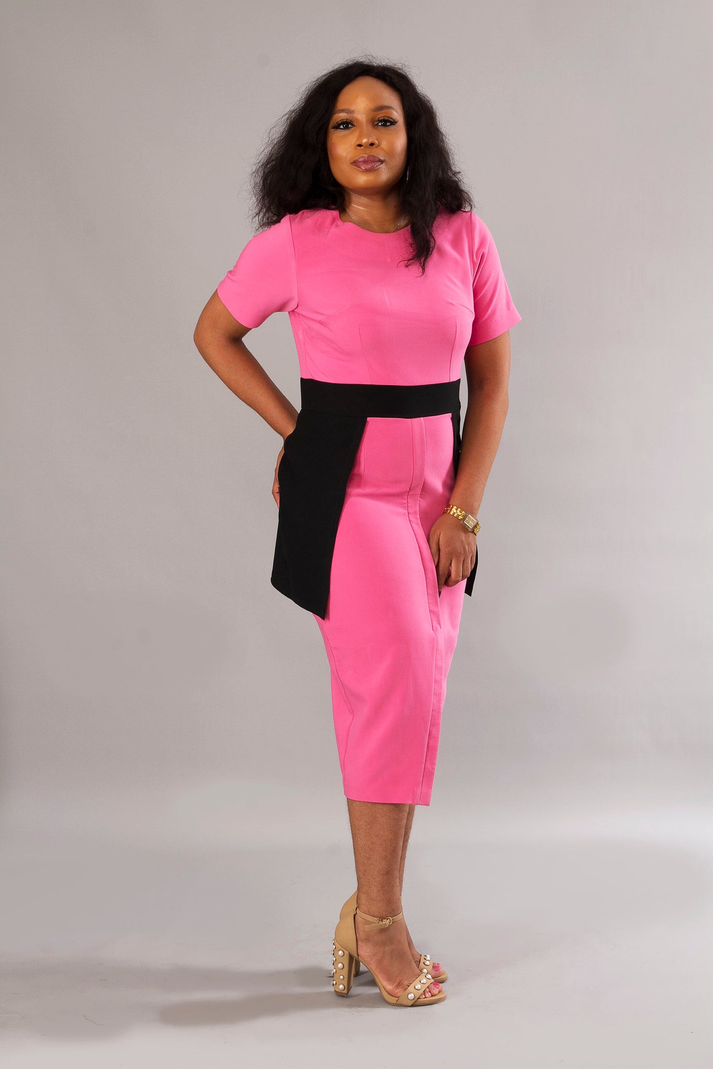 Pink Fitted Midi Party Dress Fitted Formal Midi Party Statement Dress
