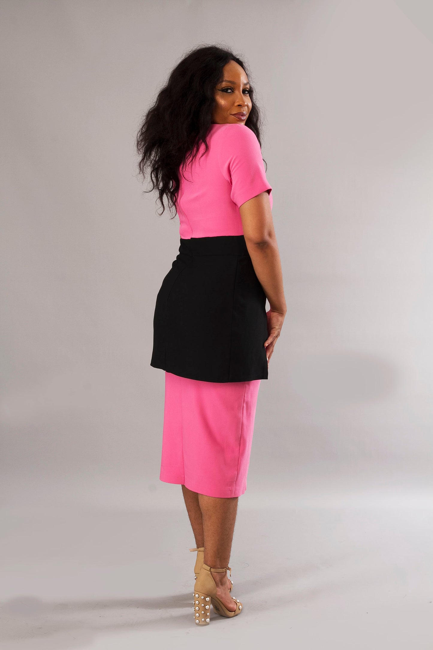 Pink Fitted Midi Party Dress Fitted Formal Midi Party Statement Dress